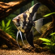 Smoke Angelfish Tall Tank — Smoke Angelfish Pterophyllum scalare beside driftwood — representative image - view 1