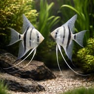 Two banded Mixed Medium Angelfish facing each other in a planted aquarium - view 2