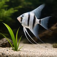 Silver Mixed Medium Angelfish above sand beside long green leaves - view 4