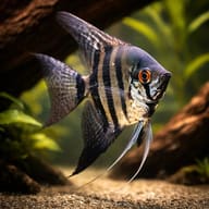 Zebra Smoke Angelfish (Pterophyllum scalare) with dark bars in a driftwood aquarium - main view — representative image - view 1