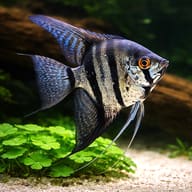 Zebra Smoke Angelfish (Pterophyllum scalare) beside aquarium plants for scale context — representative image - view 4