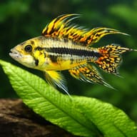 Cockatoo Dwarf Cichlid with spotted fins above a broad green leaf - view 4