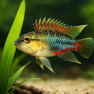 Red Hongsloi Dwarf Cichlid (Apistogramma hongsloi) with aquatic plants — representative image - view 4