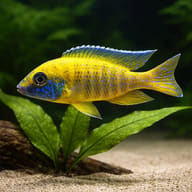 Aulonocara baenschi benga close view beside an aquarium plant - view 4