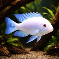 Red Albin Peacock Cichlid (Aulonocara sp. red pink albin) in a planted aquarium - view 1