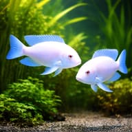 Red Albin Peacock Cichlid (Aulonocara sp. red pink albin) pair in a planted aquarium - view 2