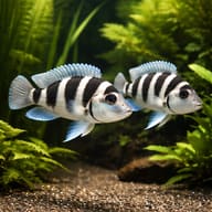 Five Bar Cichlid (Lamprologus tretocephalus) pair in a planted aquarium - view 2