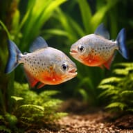 Representative illustration of two juvenile Red-Bellied Piranhas in a planted aquarium - view 2