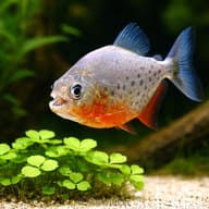 Representative illustration of a juvenile Red-Bellied Piranha beside aquarium plants - view 4