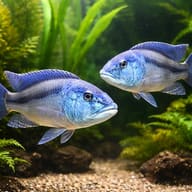 Two Malawi Hawk Cichlids facing each other in a planted aquarium above gravel and rocks - view 2