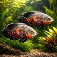 Tiger Oscar — Astronotus ocellatus — South American Cichlids — pair in a planted aquarium — representative image - view 2