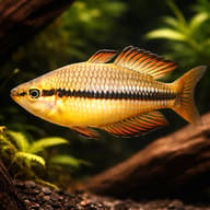 Australian Rainbowfish (Melanotaenia nigrans) in a planted aquarium with driftwood — representative image - view 1