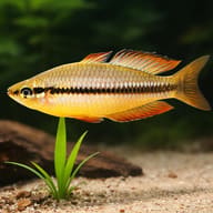 Australian Rainbowfish (Melanotaenia nigrans) beside aquarium plants showing adult scale — representative image - view 4