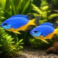 Azure demoiselle - Marine Aquarium Livestock (Chrysiptera hemicyanea) — Azure Demoiselle M — pair in a planted aquarium - view 2