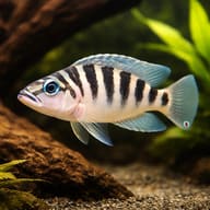 Barred Lamprologus in a Tanganyika-style rock and sand aquarium — representative image - view 1