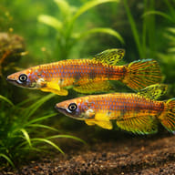 Berkenkamp's Epiplatys (Epiplatys ansorgii) pair in a covered planted surface-killifish aquarium — representative image - view 2