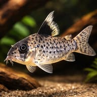 False-Spotted Cory (Corydoras leucomelas) beside aquarium wood — representative image - view 1