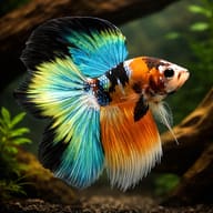 Representative XL male Double Tail Betta with divided caudal fin and mixed orange, blue and black colour - view 1