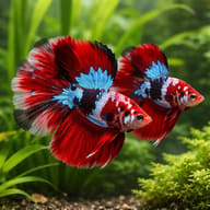 Illustrative scene of two Butterfly Halfmoon Betta males in a planted aquarium - view 2