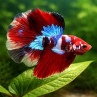 Illustrative Butterfly Halfmoon Betta male (Betta splendens) with broad fins above green leaves — representative image - view 4