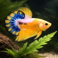 Representative yellow and blue male Betta splendens beside aquarium plants - view 4