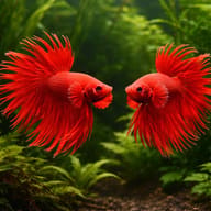 Betta spl. male crowntail red — betta fish temperature — Betta Fighter fish UK — pair in a planted aquarium - view 2