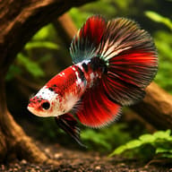 Red-marble Super Delta-type betta beside driftwood - view 1