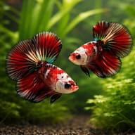 Illustration of two marbled bettas in a planted tank - view 2