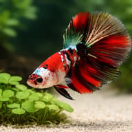 Marbled betta beside live aquarium plants - view 4