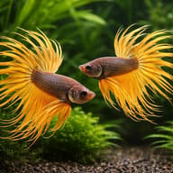 Betta spl. male crowntail yellow S — pair in a planted aquarium — representative image - view 2