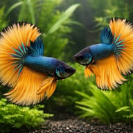 Betta spl. male Halfmoon Mustard XL — pair in a planted aquarium — representative image - view 2