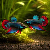 Betta spl. male Imbellis red tail L — pair in a planted aquarium — representative image - view 2