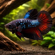 Avatar Plakat Betta with blue speckles and red-black fins among plants and driftwood - view 1