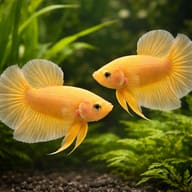 Betta spl. male plakat halfmoon yellow L — pair in a planted aquarium — representative image - view 2