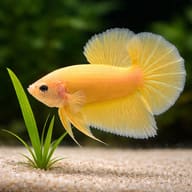 Betta spl. male plakat halfmoon yellow L — close view showing fin and scale detail — representative image - view 4