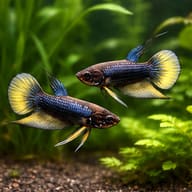 Betta spl. male Wild Imbellis yellow tail L — pair in a planted aquarium — representative image - view 2
