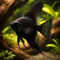 Black Angelfish facing left among green plants, wood and gravel, with tall fins and trailing pelvic filaments - view 1