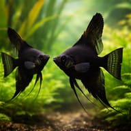 Two Black Angelfish facing each other in a densely planted aquarium, with tall fins and trailing pelvic filaments - view 2