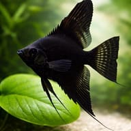 Black Angelfish swimming above a broad green leaf, with tall dark fins and long trailing pelvic filaments - view 4