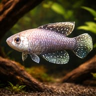 Black Pearlfish (Argolebias nigripinnis) in a shaded planted annual-killifish setup — driftwood view - view 1