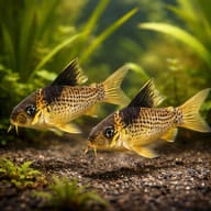 Group of Black Sail Corys foraging in a planted aquarium - view 2
