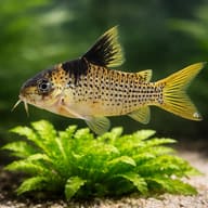 Black Sail Cory (Corydoras melanistius) dorsal sail and spotting detail beside aquarium plants — representative image - view 4