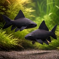Black Sharkminnow (Labeo chrysophekadion) — Illustrative Black Sharkminnows in a planted scene - view 2