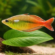 Representative Bleher's Rainbowfish (Chilatherina bleheri) above broad aquarium leaves — representative image - view 4