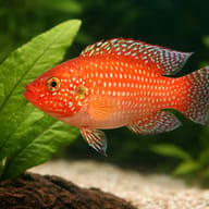 Blood-Red Jewel Cichlid with plant scale reference in aquarium scene — representative image - view 4