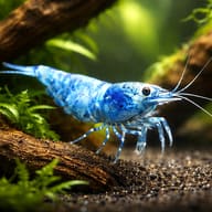 Illustration of Blue Bolt Taiwan Bee shrimp on aquarium driftwood - view 1