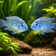 Blue-Eyed Cichlid (Cryptoheros spilurus) - hero view — pair in a planted aquarium — representative image - view 2