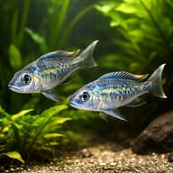 Blue Gold-Tip Cichlid (Ophthalmotilapia ventralis Chimba) - pair-style aquarium image — representative image - view 2