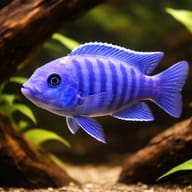 Representative of Blue + Blue Zebra Mbuna beside driftwood; illustrative only, not the exact fish supplied - view 1