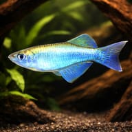 Bluegreen Lampeye (Procatopus aberrans) in a planted aquarium with driftwood and open swimming space — representative image - view 1